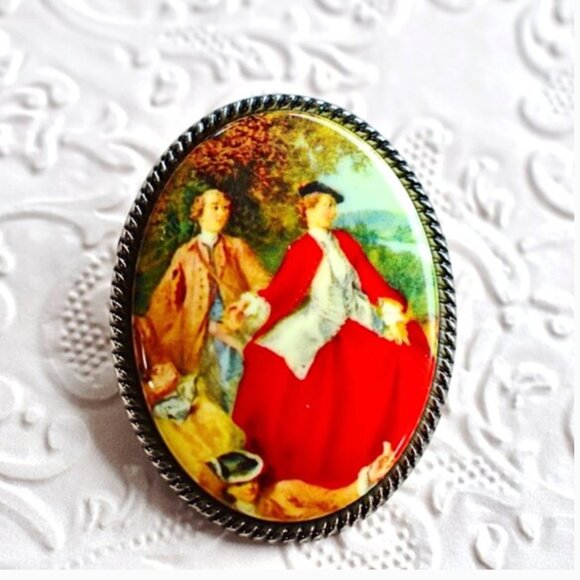 ๐๐ Vintage West German Silver Porcelain Cameo Courting Couple Brooch Clip - Picture 2 of 6